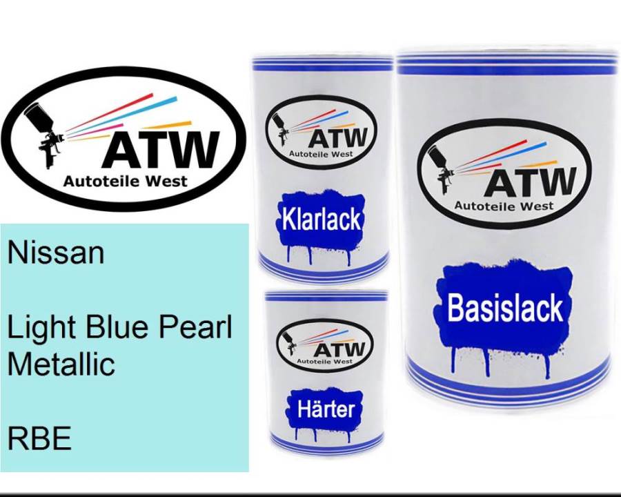 Nissan, Light Blue Pearl Metallic, RBE: 500ml Lackdose + 500ml Klarlack + 250ml Härter - Set, von ATW Autoteile West.